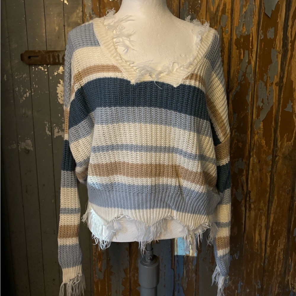 blue white and brown striped knit distressed sweater